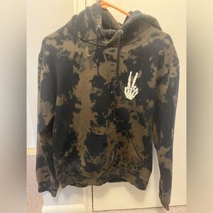 Gothic Acid Wash Black & Brown Men's Hoodie with Skeleton Peace Graphic